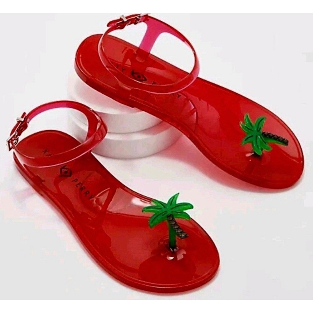 Katy Perry Sandals Size 7 Red Palm Tree Ankle Strap Jelly Summer Shoes NEW